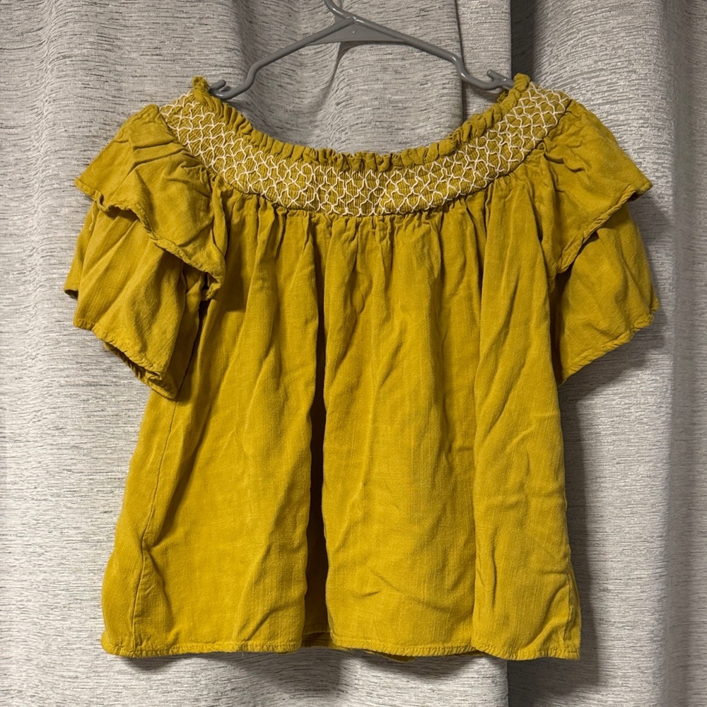 Lulu's Mustard Ruffle Off-Shoulder Blouse